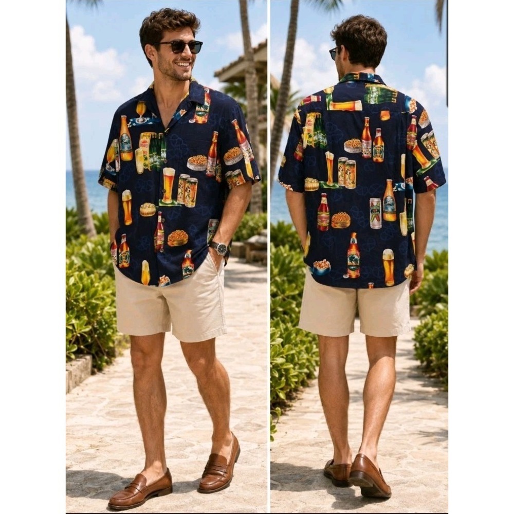 Vintage Styled By RJC Mens L Hawaiian Beer Pub Button Down Shirt Made In Hawaii